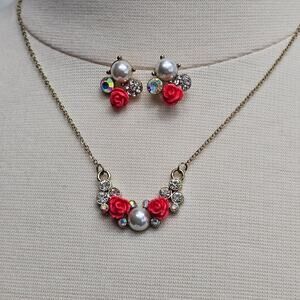 Romantic Dainty Rose Necklace Set Earrings Goldtone Rhinestones Faux Pearls